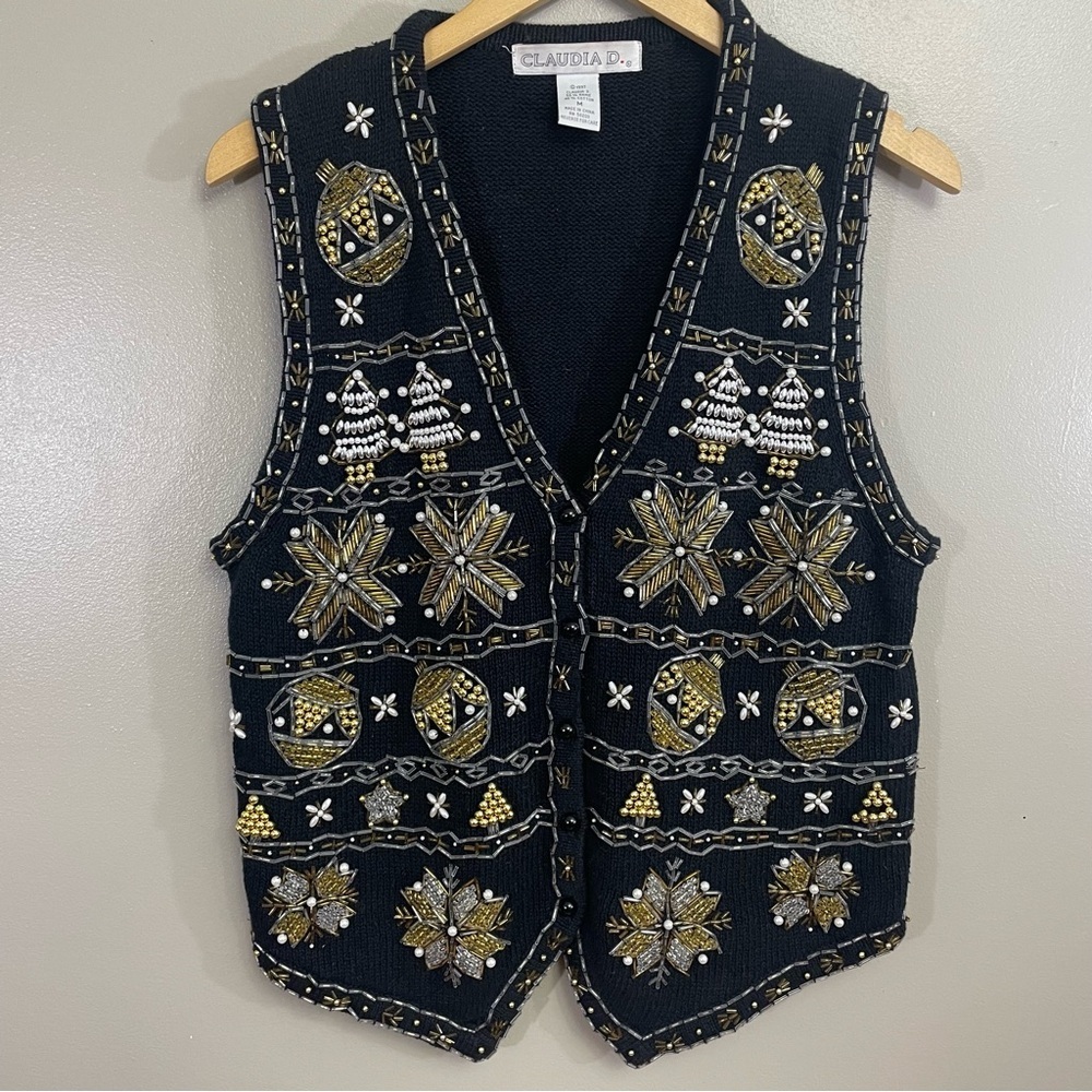 Vintage Claudia D. Womens Med Beaded holiday sweater vest black metallic gold